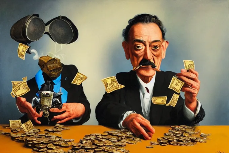 Image similar to Salvador Dali and WALL-E smoking cigars, counting money and holding keys, oil on canvas, artstation, portrait, masterpiece, aesthetic