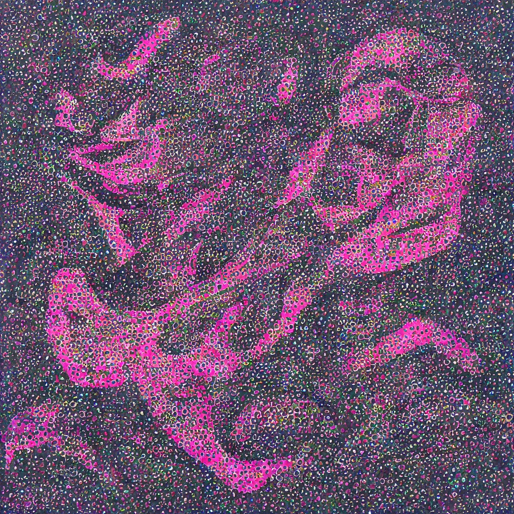 Image similar to camo made of out teeth, smiling, abstract, maya bloch artwork, pink convertible, do hoang tuong artwork, cryptic, dots, stipple, lines, splotch, concrete, color tearing, pitch bending, faceless people, tribal, dark, ominous, eerie, minimal, points, technical, painting