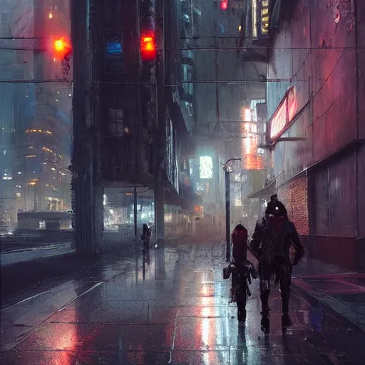 Prompt: empty sidewalk of a cyberpunk megacity, dramatic lighting, detailed background, gorgeous view, realistic, high detail, depth of field, lightrays, atmospheric, digital art, painted by greg rutkowski, painted by jeremy mann, painted by alphonse mucha, trending on artstation