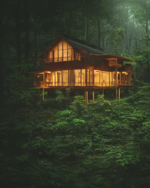 Image similar to an exquisite wooden house in the middle of a lush forest, visible through the lush overgrowth, architectural photography, dark and dim lighting, beautiful, tranquil, moody, cinematic, fantasy, 3 5 mm lens, volumetric lighting, first person view, photographic render, hyper realistic