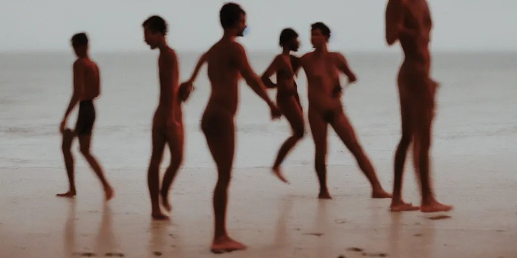 Prompt: blurry human figures on a beach, colourful, over exposure, sigma 8 5 mm, f 1. 8, photographed by uta barth,