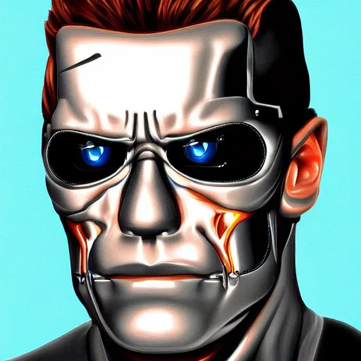 Prompt: portrait of terminator, highly detailed, centered, solid color background, digital painting