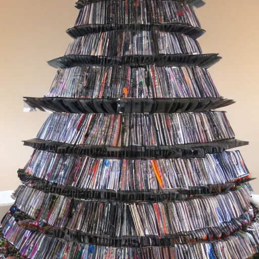 Image similar to tower of babel but it is made from 12 inch vinyl LPs