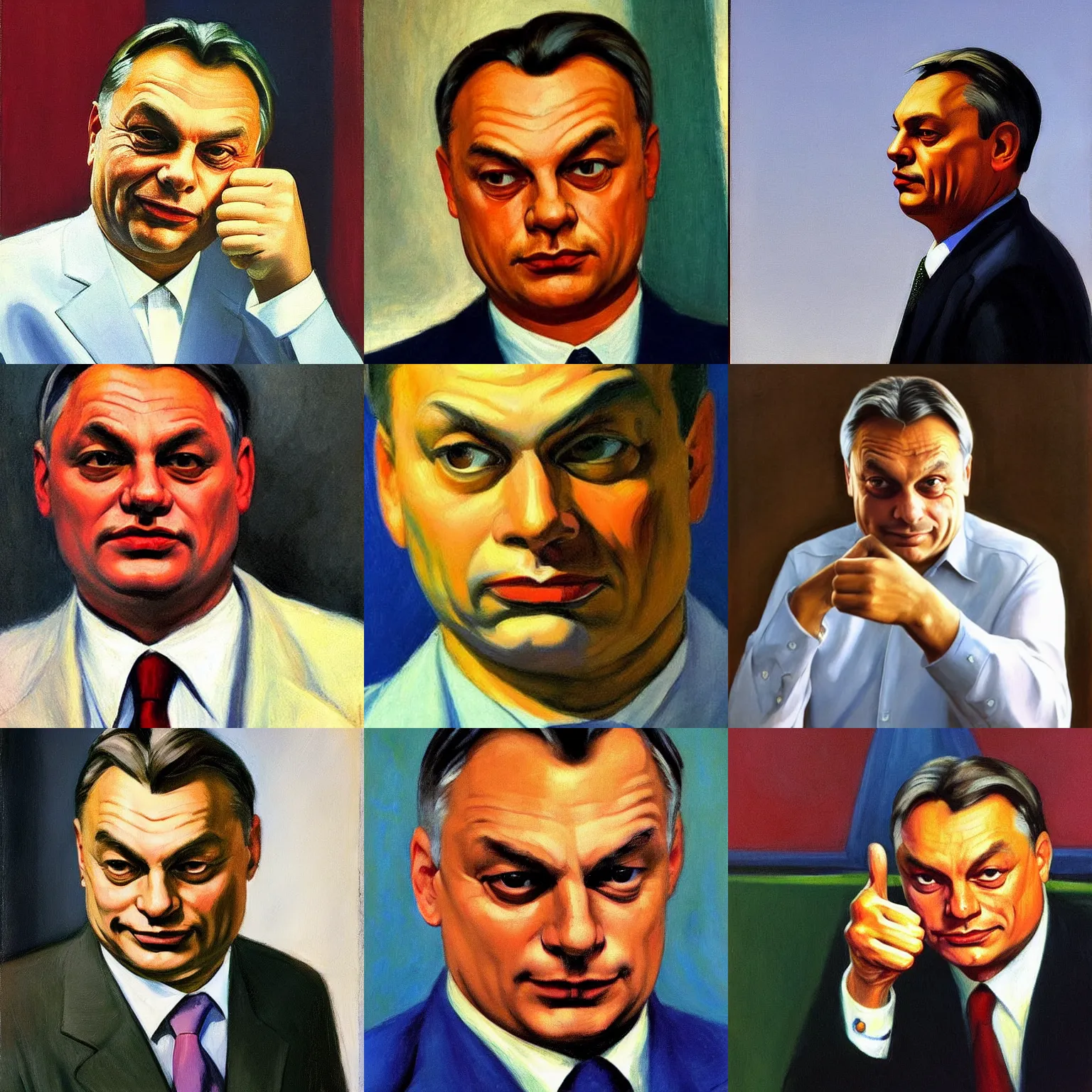 Prompt: viktor orban with detailed face showing a thumbs up, edward hopper