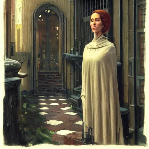 Image similar to detailed face of an intelligent cloaked scholarly woman with kind eyes in a architectonic victorian courtyard at a science expo, atmospheric, ambient, pj crook, syd mead, livia prima, artgerm, greg rutkowski, nick alm, casey baugh