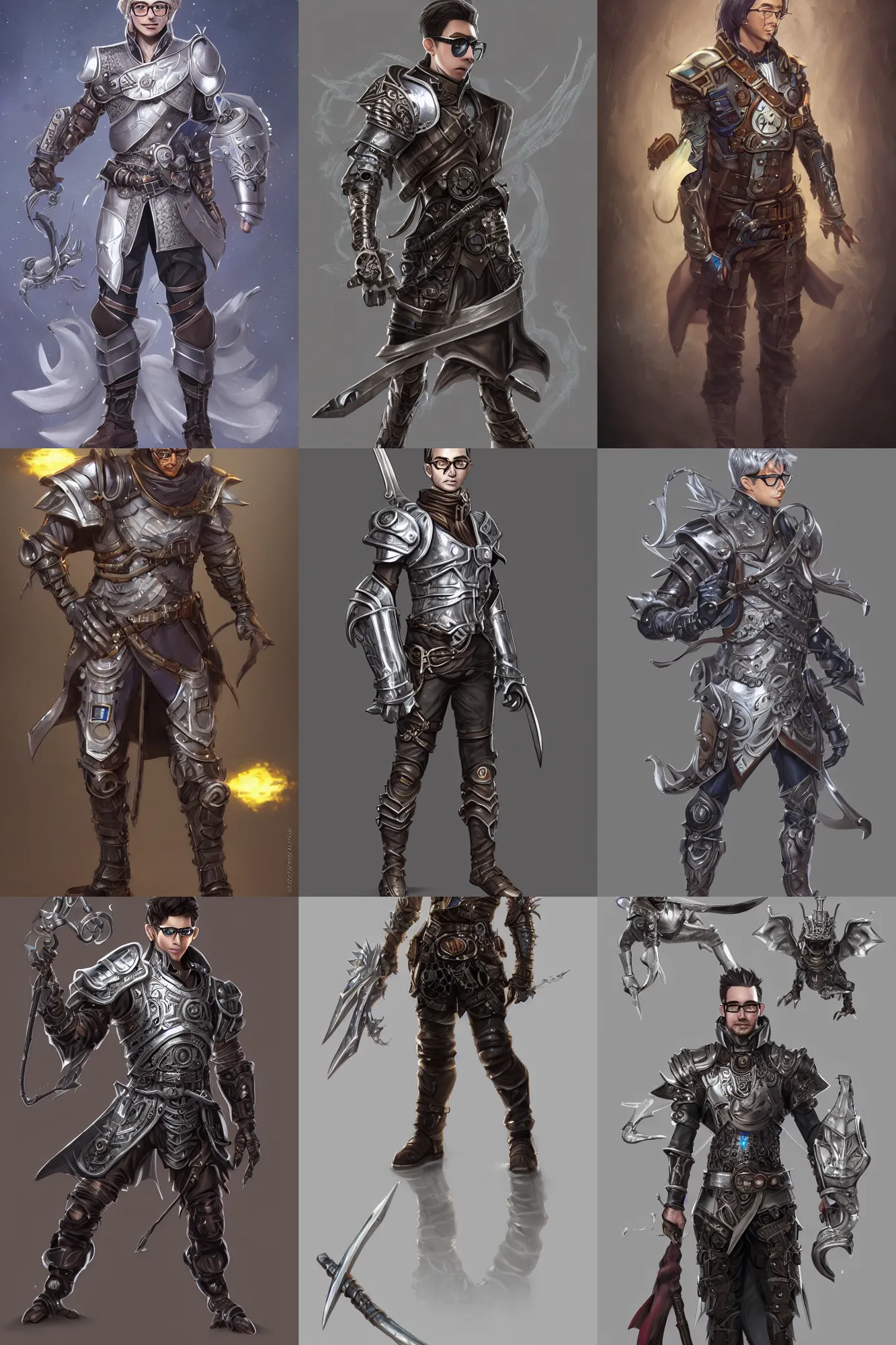 Prompt: Full body picture, Male Holosmith, DND, D&D, holographic blade, steampunk-esque!, silver armor, glasses, extremely detailed, by WLOP, Rossdraws, genzoman and Frank franzzeta, trending on artstation, artstationHQ, artstationHD, cgsociety, 16K, HD