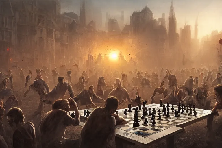 Image similar to a chess game where the pieces are zombies vs people, matte painting, long shot, concept art, wide shot, digital art, trending on artstation, 4 k, extremely detailed, realistic, midday, warm colors, golden sunlight, by greg rutkowski, cinematic, epic