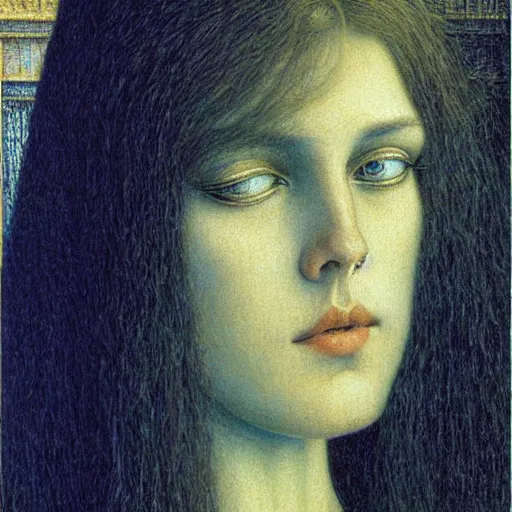 Image similar to detailed realistic face portrait of a beautiful young medieval queen by jean delville, art nouveau, symbolist, visionary, gothic