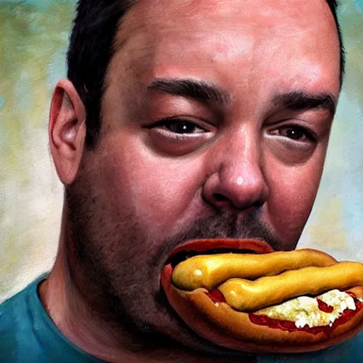 Image similar to highly detailed portrait of dave matthews eating a hotdog
