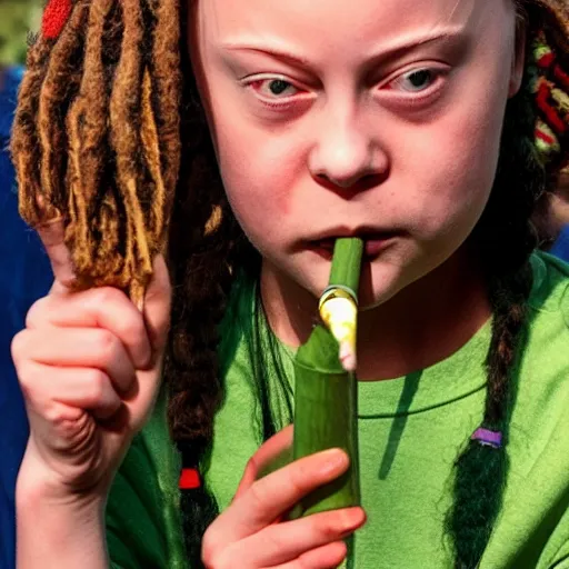 Image similar to Greta Thunberg smoking weed in rasta clothing