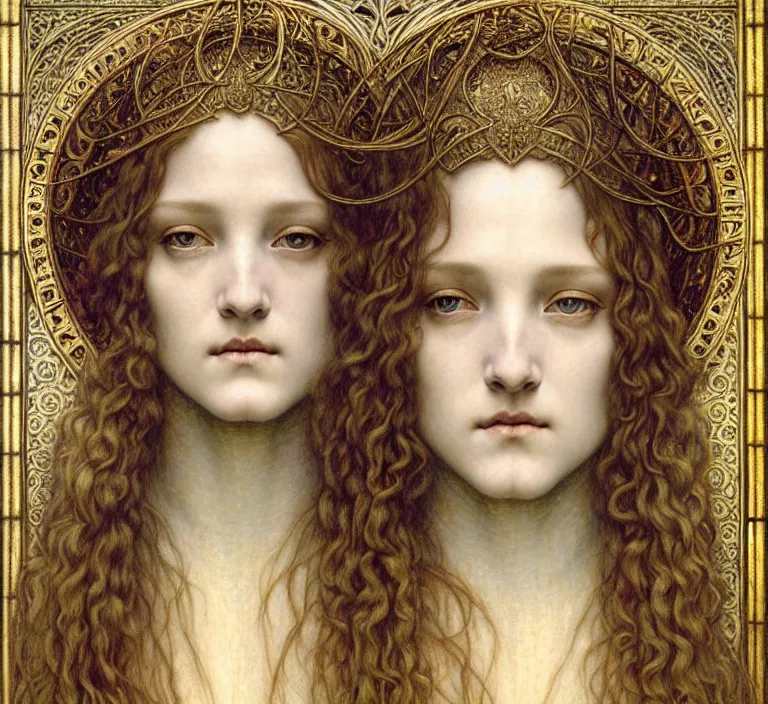 Image similar to detailed realistic beautiful young medieval queen face portrait by jean delville, gustave dore and marco mazzoni, art nouveau, symbolist, visionary, gothic, pre - raphaelite. horizontal symmetry