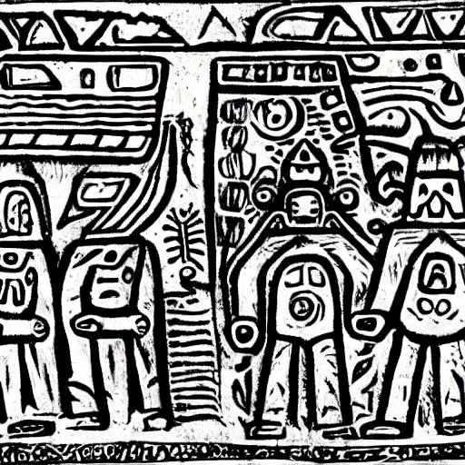 Image similar to Mayan drawing of stereotypical aliens visiting Aztecs on a UFO