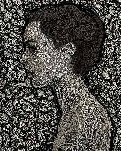 Image similar to a woman's face in profile, made of intricate lace leaves, in the style of the dutch masters and gregory crewdson, dark and moody