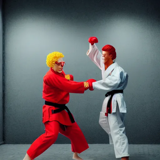 Image similar to ronald macdonald fights, colonel sanders, hyper real, 8 k, octane render, vivid, bright, photo realistic, martial arts, city street