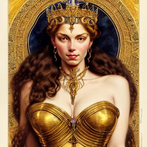 Image similar to highly detailed portrait of a majestic lioness queen in the form of a beautiful woman. d & d. art by eugene delacroix and donato giancola and anna dittmann and, arthur adams, alberto vargas. trending on artstation, intricate details, energetic composition, golden ratio, concept art, illustration, elegant art, global illuminaition