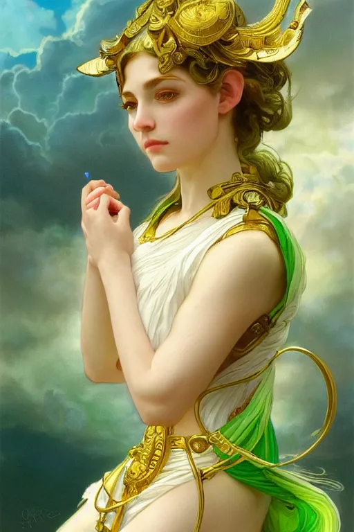 Image similar to portrait of athena , fantasy, gradient white green gold, dreamy and ethereal, green eyes, golden ratio, peaceful expression, ornate frilly dress, fantasy, intricate, elegant, golden clouds, highly detailed, digital painting, artstation, concept art, smooth,b sharp focus, illustration, art by artgerm and greg rutkowski and alphonse mucha