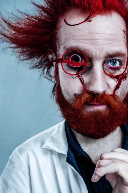 Prompt: a mad scientist with a third eye and wild red hair and beard slightly balding, high resolution film still, 4 k, hdr color