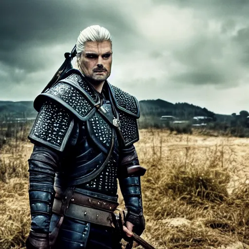 Image similar to karl urban as the witcher, 4 k, epic, cinematic, focus, movie still, fantasy, serious, extreme detail, atmospheric, dark colour