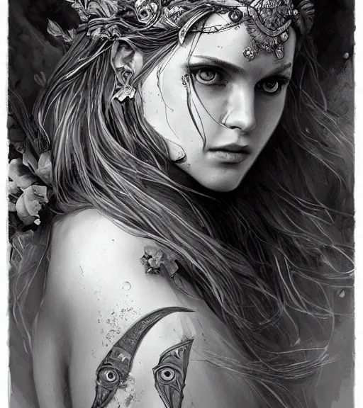 Image similar to beautiful aphrodite goddess wearing an arrow on her head, realistic face, beautiful eyes, black and white drawing, in the style of greg rutkowski, fantasy, amazing detail, epic, intricate, elegant, smooth, sharp focus