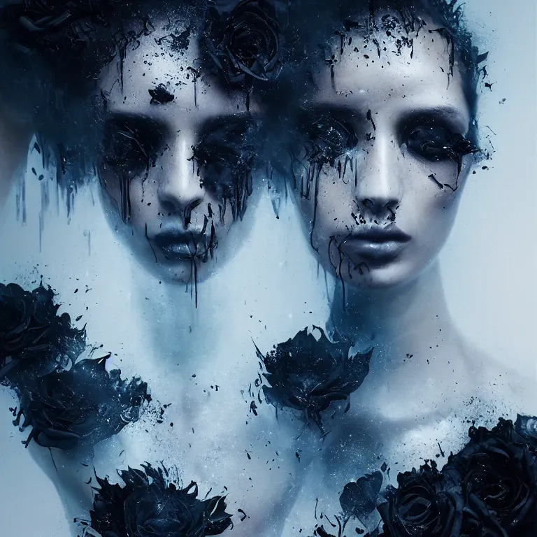 Image similar to 3 d, white and black smoke, sun rays, confident fashion model, sweat skin, liquid black metal, black roses, poster art, high detail, intricate oil painting, multiple exposure, deep blue mood, hyperrealism, 3 d, by tooth wu and wlop and beeple and greg rutkowski