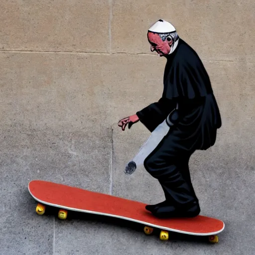 Prompt: pope francis riding a skateboard by banksy