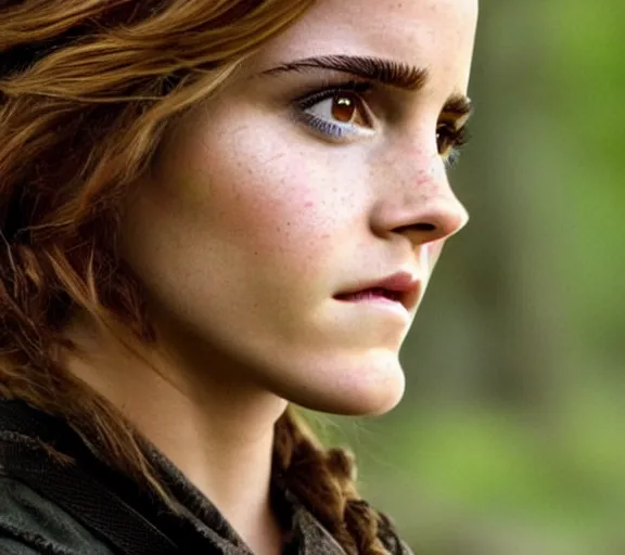 Prompt: color still shot of emma watson in film the hunger games, face closeup,