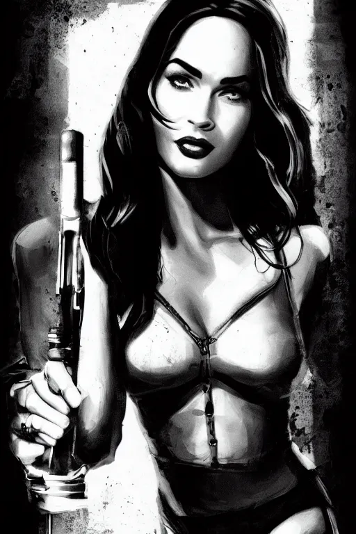 Prompt: dream of a film still from sin city, closeup portrait of film noir megan fox private detective, detailed illustration, digital art, trending on artstation, frank miller, martin ansin, movie poster,