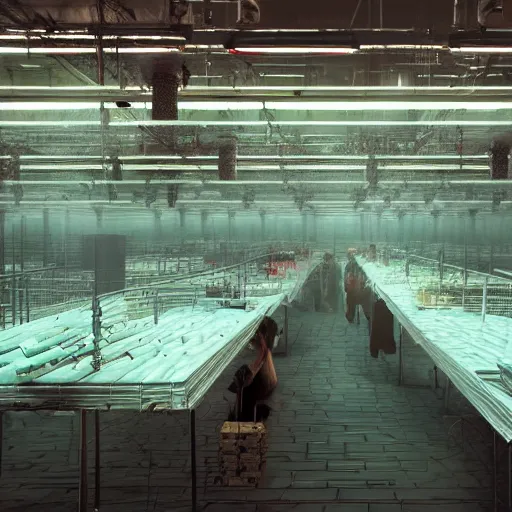 Image similar to surreal forced labour wage slavery odyssey sweatshop under fluorescent light hell, advanced, photorealistic, realistic, dramatic lighting, fantastic reality, by stefan bakałowicz, 8 k resolution