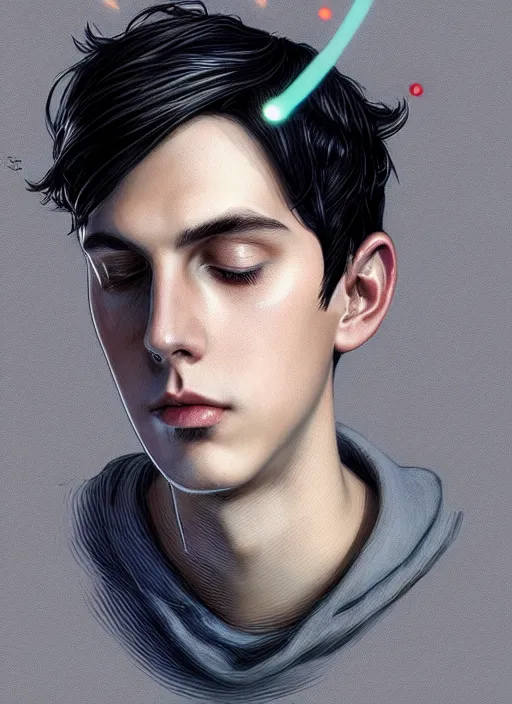 Image similar to portrait of teenage jughead jones wearing a light grey crown, photorealistic, crown, eyes closed, crown, black hair, intricate, elegant, glowing lights, highly detailed, digital painting, artstation, concept art, smooth, sharp focus, illustration, art by wlop, mars ravelo and greg rutkowski