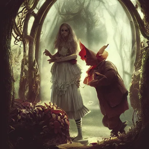 Image similar to alice in wonderland, high detail, dramatic light, digital art, chiaroscuro, painted by seb mckinnon and greg rutkowski, trending on artstation