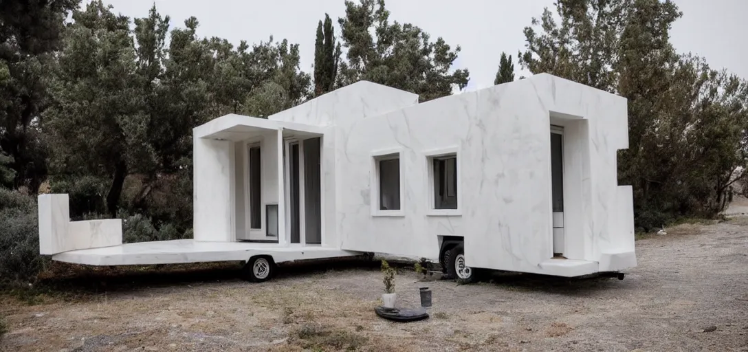 Prompt: greek tiny house on trailer that looks like the parthenon made of marble designed by iktinos and callicrates.