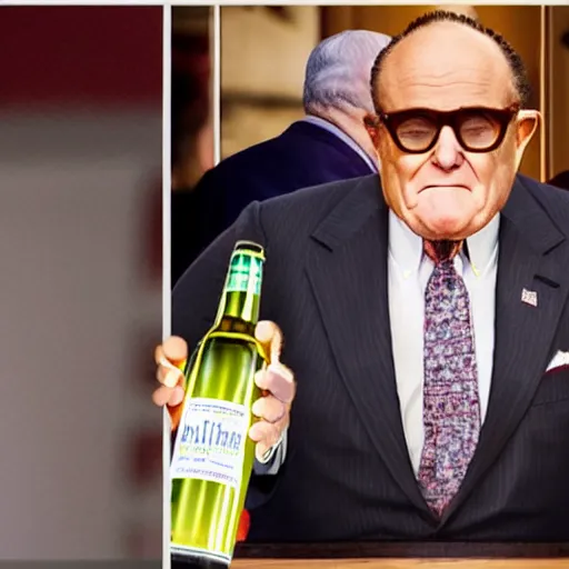 Image similar to news still of a drunk rudy giuliani holding a bottle, 4 k, professional