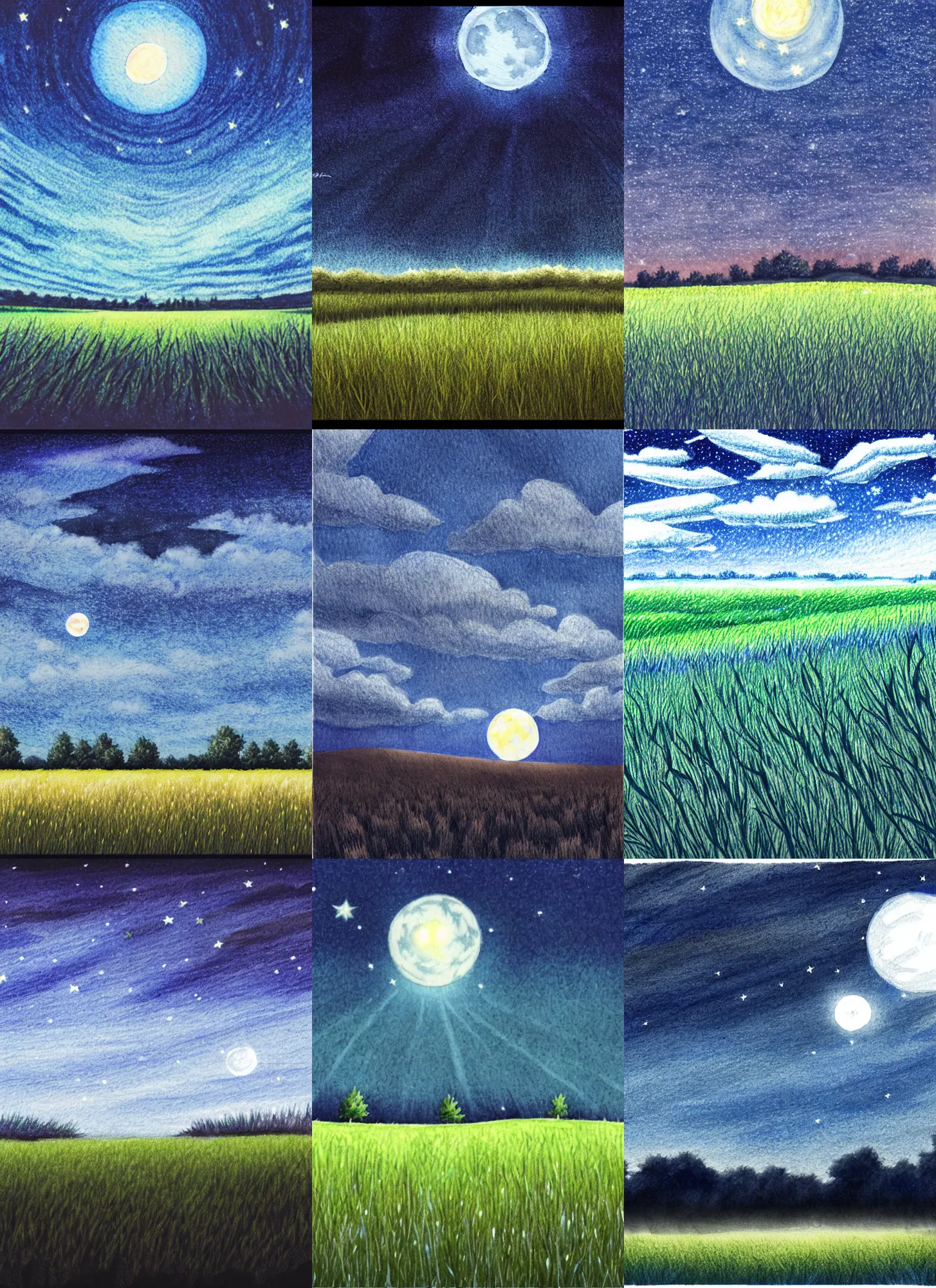 Prompt: a field at night, night time, moonlight, dark blue sky, finely illustrated, highly detailed, colored pencil, good value control, good edge control, anime, animation, watercolor texture, 8 k