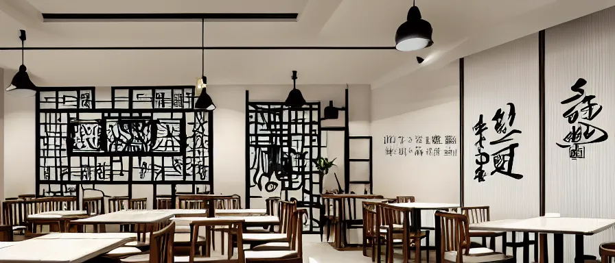 Image similar to a beautiful simple interior 4 k hd wallpaper illustration of small roasted string hotpot restaurant restaurant pagoda hill, wall corner, from china, hill wall and white tile floor, rectangle white porcelain table, black chair, fine simple delicate structure, chinese style, simple style structure decoration design, victo ngai, 4 k hd
