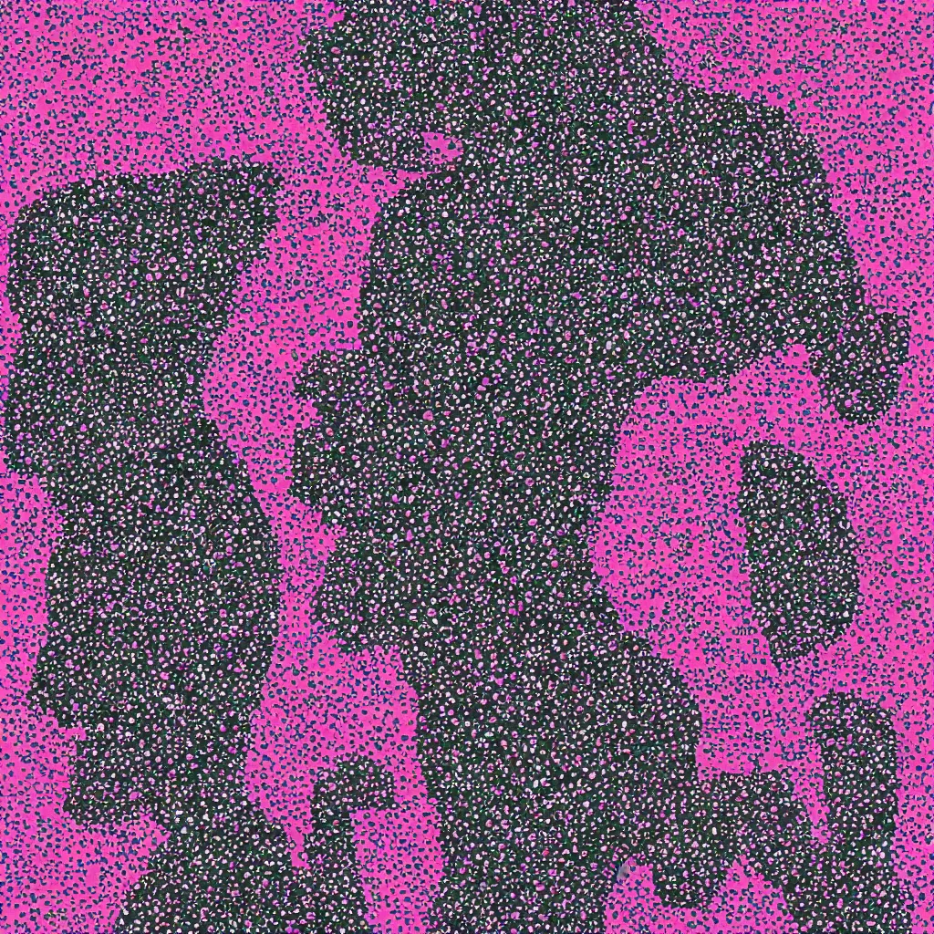 Image similar to camo made of out teeth, smiling, abstract, maya bloch artwork, pink convertible, do hoang tuong artwork, cryptic, dots, stipple, lines, splotch, concrete, color tearing, pitch bending, faceless people, tribal, dark, ominous, eerie, minimal, points, technical, painting