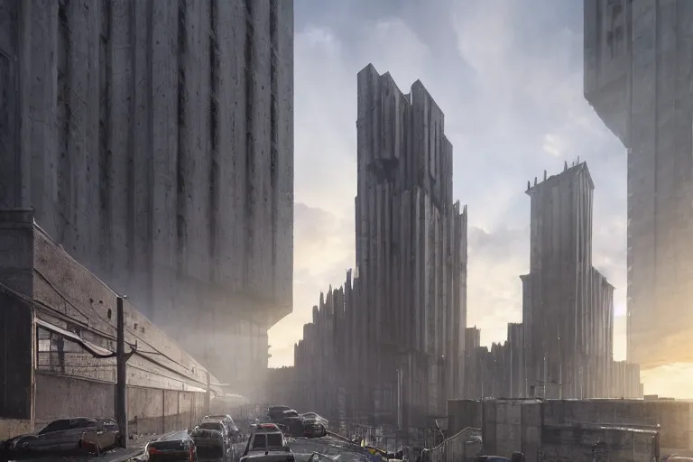 Image similar to streetscape, a towering cathedral of brutalist architecture, buildings covered with greebles, stunning volumetric light, sunset, metal, concrete and translucent material, stunning skies, majestic landscape, trending on Artstation, 8k, photorealistic, hyper detailed, unreal engine 5, IMAX quality, cinematic, epic lighting, in the style of Greg Rutkowski