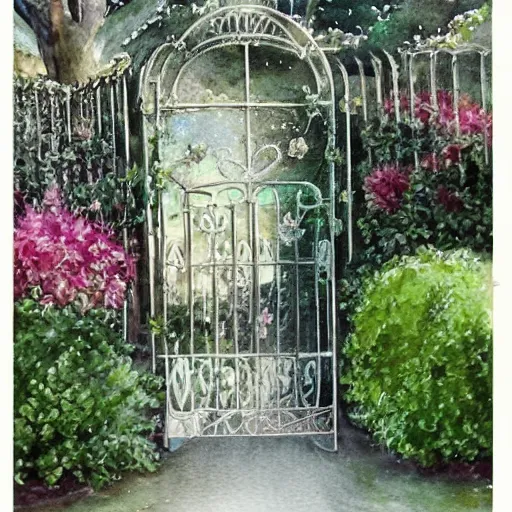 Prompt: delicate, chairs, garden, paved, botanic watercolors, iridescent, 8 k, realistic shaded, fine details, artstation, italian, iron gate, tree, mediterranean, marvelous