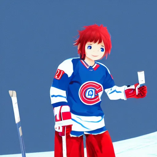 Image similar to cute anime girl ice hockey player, wearing a light futuristic habs jersey, blue white and red color blocking, character concept exploration, akira, ghost in the shell, outfit designs, trending on artstation, photorealistic, 8k