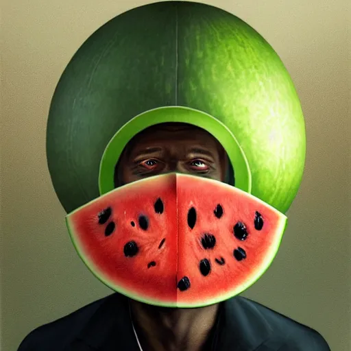 Image similar to front portrait of a goofy looking neutral emotion black guy with a watermelon fruit helmet that covers only the top of his head by greg rutkowski