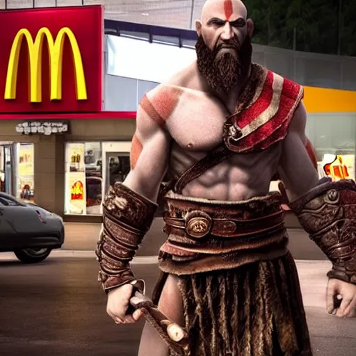 Image similar to Kratos from god of war standing in front of a mcdonalds