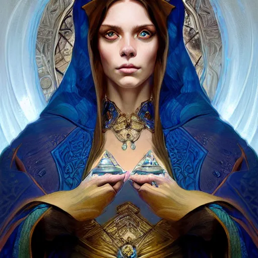 Image similar to Portrait of dog sorcerer, D&D, blue eyes, face, fantasy, intricate, elegant, highly detailed, digital painting, artstation, concept art, smooth, sharp focus, illustration, art by artgerm and greg rutkowski and alphonse mucha