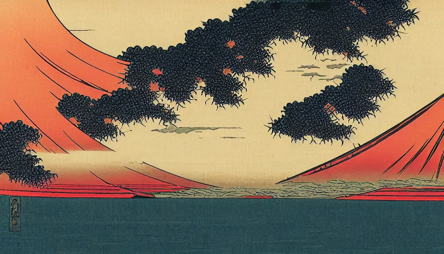 Image similar to sunset over the san francisco bay area by katsushika hokusai