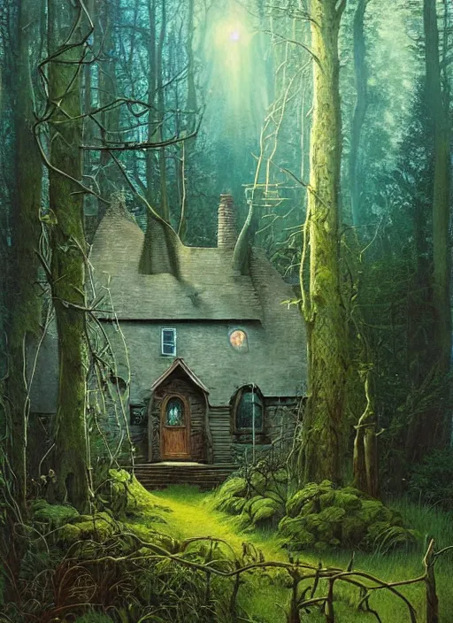 Image similar to hyper realistic witch cottage with mood lighting and technology in the woods gorgeous lighting, sunbeams blue sky, highly detailed, lush forest foliage painting by zdzisław beksinski and norman rockwell and greg rutkowski weta studio, and lucasfilm