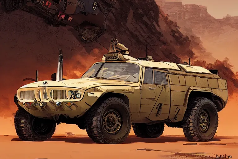 Prompt: dieselpunk digital illustration of mad max's military offroad bmw m 1 ( himars ) by makoto shinkai, ilya kuvshinov, lois van baarle, rossdraws, basquiat