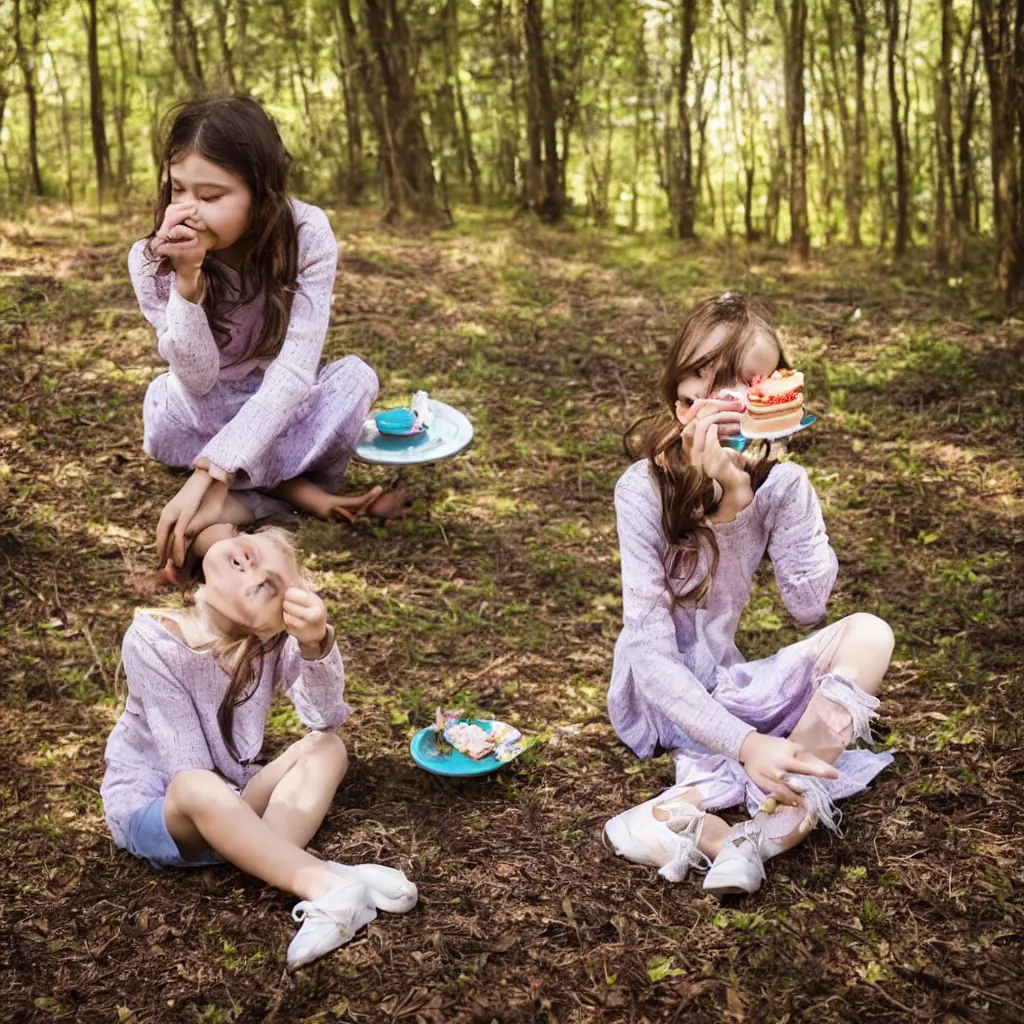 Prompt: a girl sitting in a forest, girl eating a piece of cake, sunny day, windy day, girl with clear beautiful face