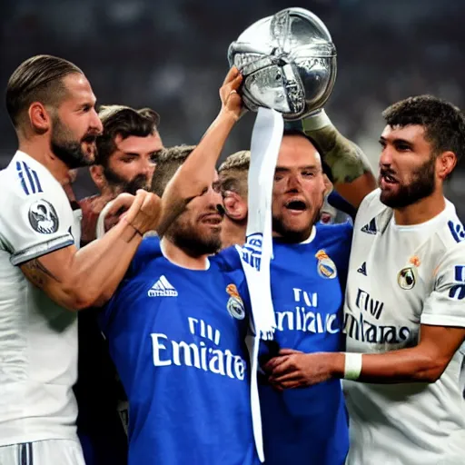 Image similar to real madrid fc team lifting a fax as a throphy