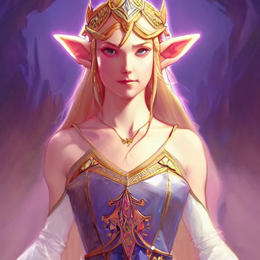 Prompt: Princess Zelda, fantasy, intricate, elegant, highly detailed, digital painting, artstation, concept art, matte, sharp focus, illustration, art by Artgerm and Greg Rutkowski and Alphonse Mucha