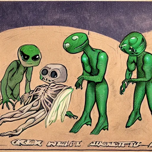 Prompt: Green aliens carrying out an autopsy on a human