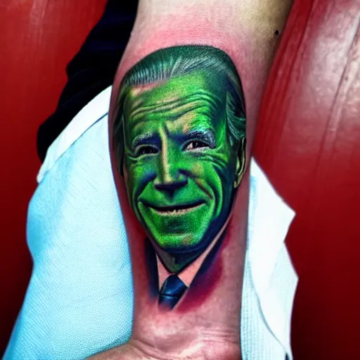 Prompt: tattoo of joe biden as the riddler