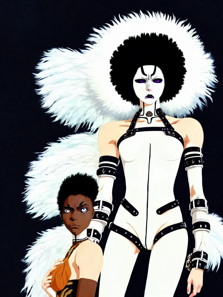 Image similar to one fierce looking beautiful young woman with afro hair and symmetrical white makeup, mad max, black leather straps, wearing intricate bodysuit and headdress made from white bones and black feathers, painted by makoto shinkai, studio ghibli,